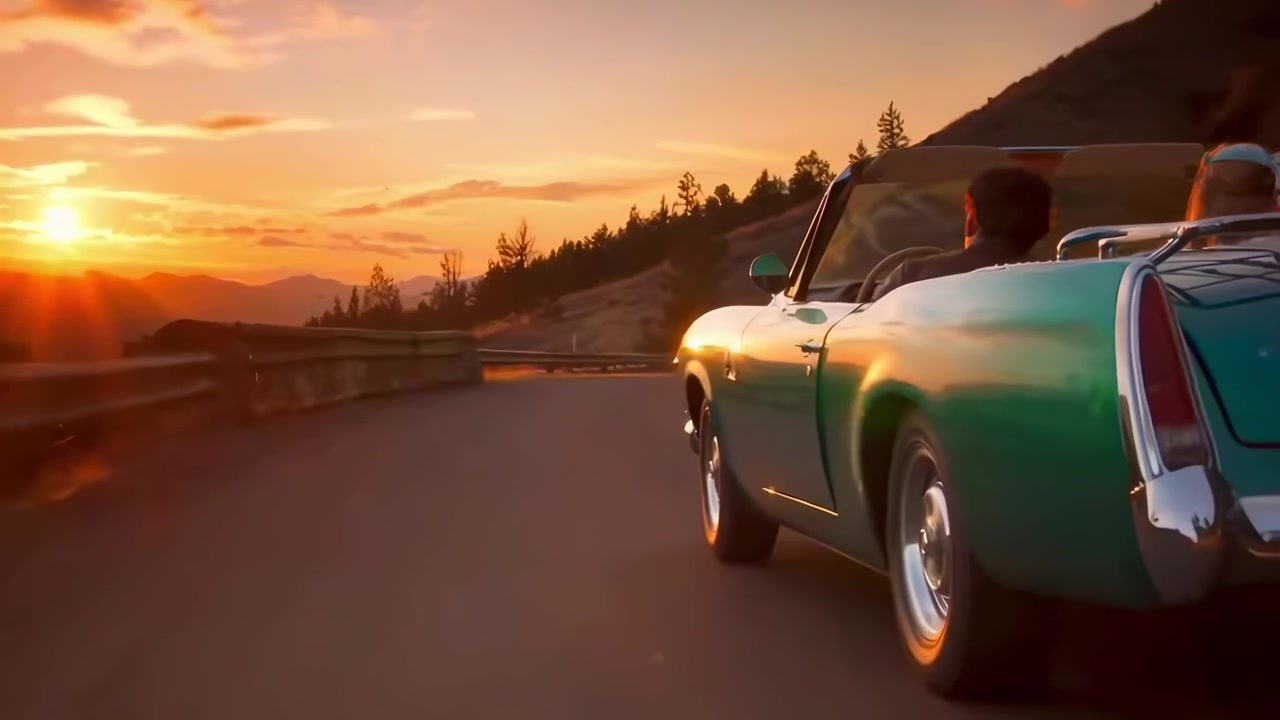Auto d'epoca decappottabile che guida su una strada di montagna al tramonto