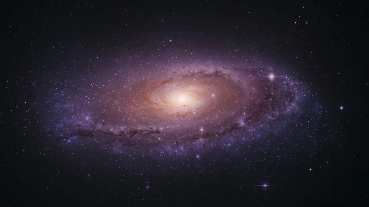 Showing central spiral galaxy staying static in deep space, with spiral arms and background stars