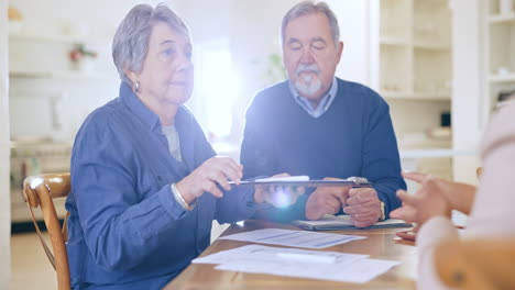 home, senior couple and documents with savings