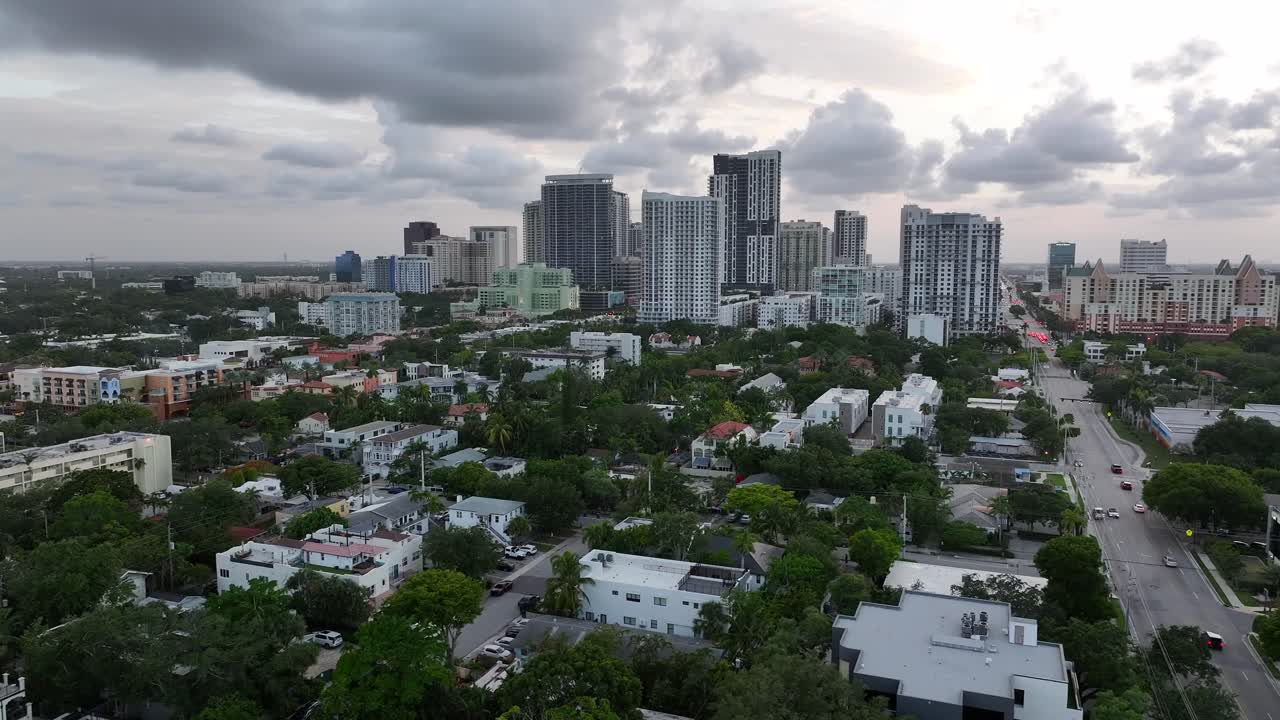 Aerial View of a City with Highrise Buildings and Residential Areas