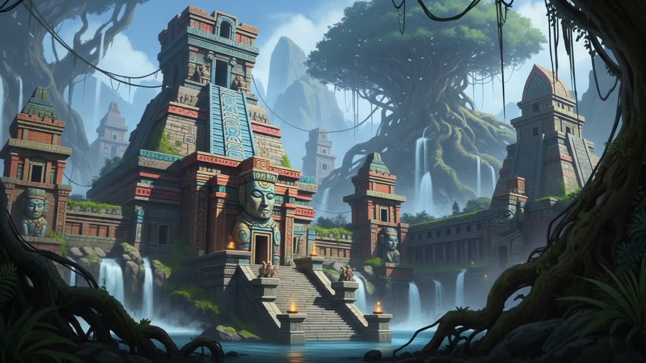 A breathtaking view of an ancient Mesoamerican-inspired temple surrounded by lush greenery, waterfalls, and mythical elements creating an enchanting atmosphere