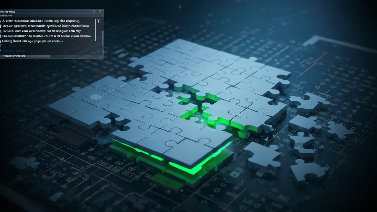 Exploring the Intersection of Technology and Creativity: A Complex Puzzle on a Circuit Board Illuminated in Green, Representing Digital Innovation and Problem Solving