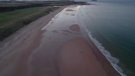 drone footage high above a long sandy beach tilting to reveal people walking along the beach and a sunset, looking out across the ocean as the tide gently laps the shore