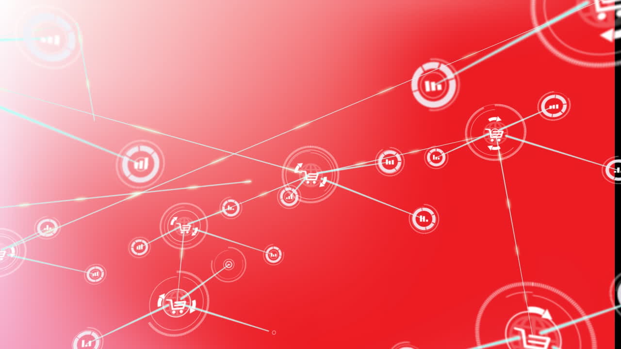 빨간색 배경 위의 선과 연결되는 쇼핑 카트 및 바 그래프 아이콘의 애니메이션