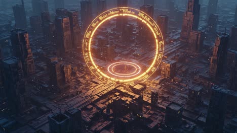 a surreal urban landscape with an enigmatic circular structure aglow in golden light amidst a futuristic cityscape at dusk