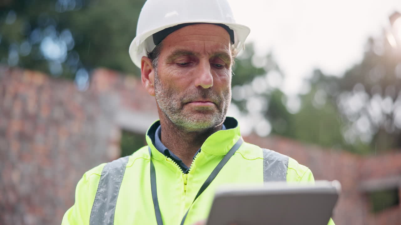 trabajador de la construcción usando una tableta