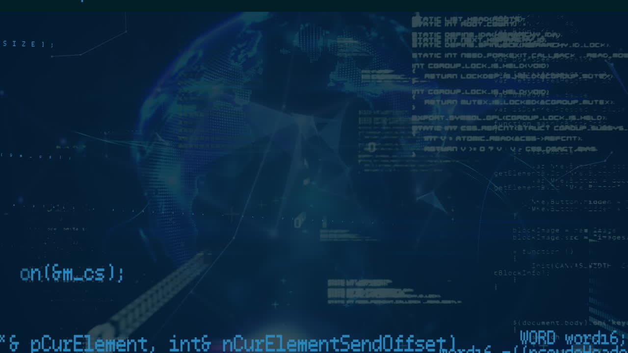 Animation of data processing and binary coding with globe on blue background