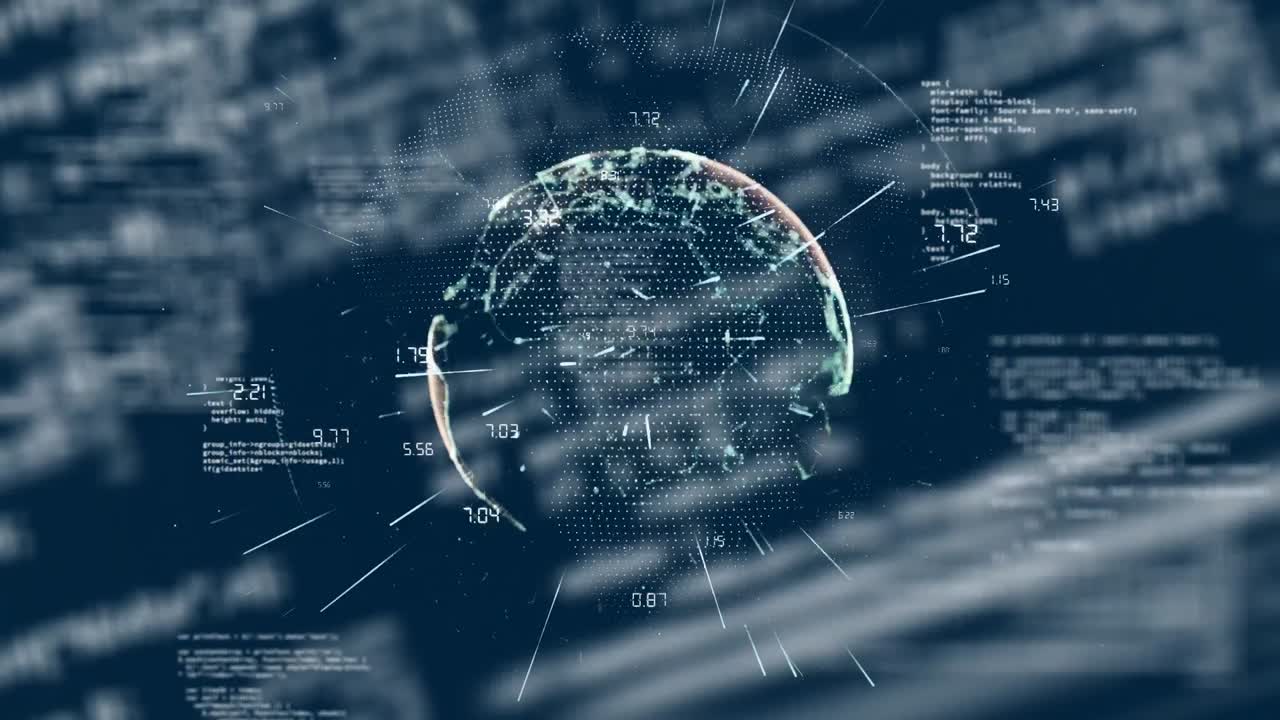 파란색 배경의 데이터 처리에 대한 연결 네트워크의 지구의 디지털 애니메이션