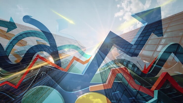 Dynamic Business Growth and Financial Trends Overlaid on Modern Architecture
