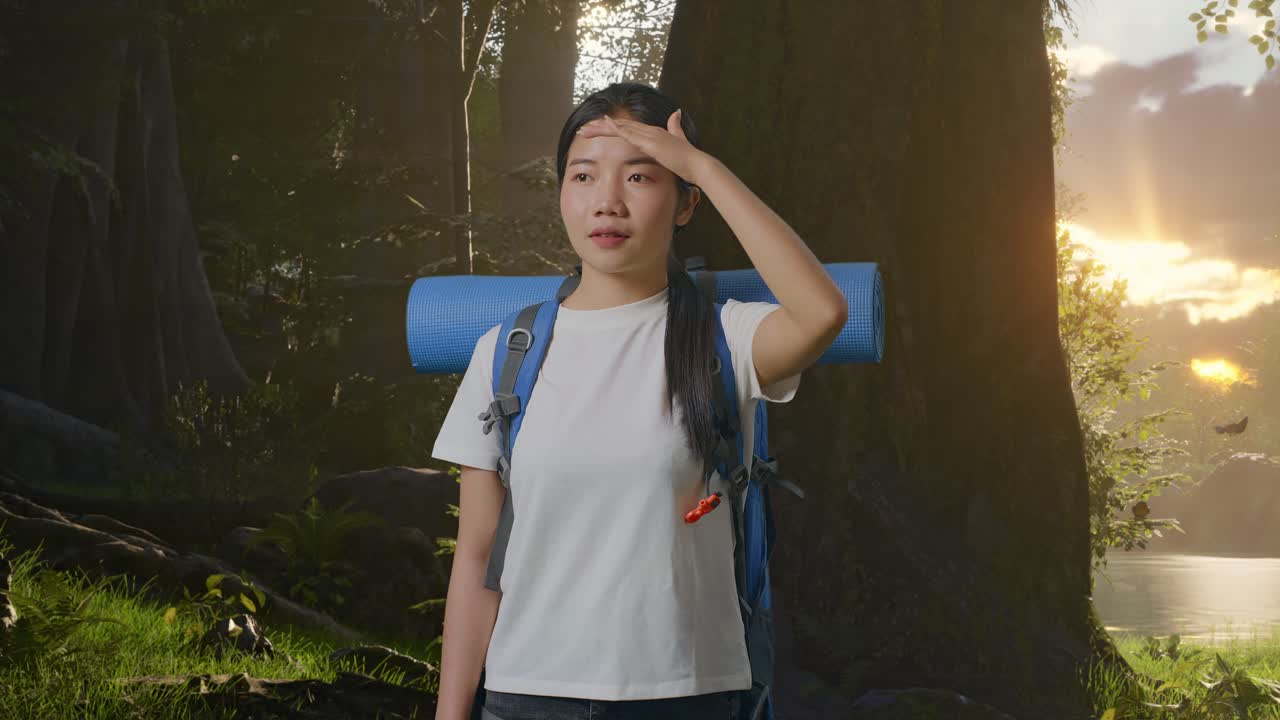 산악 등반 배 손 이마와 산림 자연을 탐험하는 동안 거리를 보는 아시아 여성 하이커