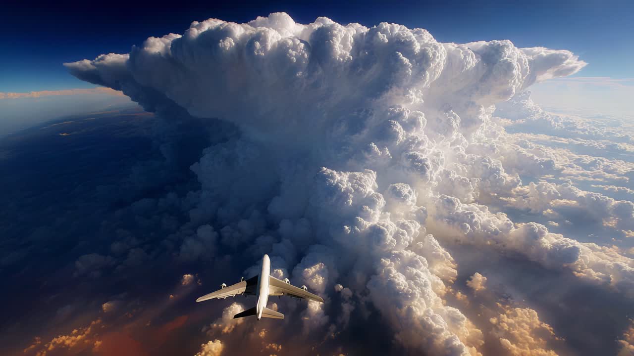 An Aeroplane Gliding Past a Majestic Thunderous Cloud Formation, Capturing the Awe-Inspiring Beauty of Nature's Forces in the Tranquil Sky Above the World