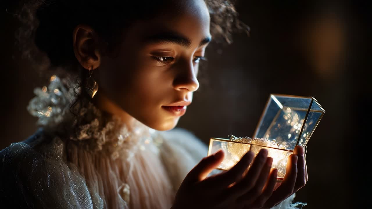 A young girl gazes intently at a shimmering treasure within a delicate glass box, reminiscent of hidden secrets and the wonder of discovery, illuminated by a soft, ethereal glow