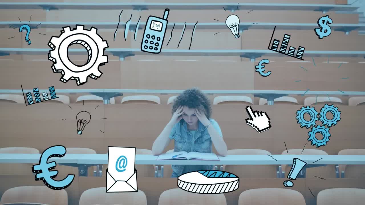 animación de la productividad y los iconos escolares sobre el libro de lectura de la estudiante caucásica.