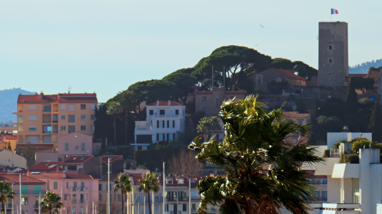 Distant view of the Goya Museum in Castres, France with the french flag on top of it
