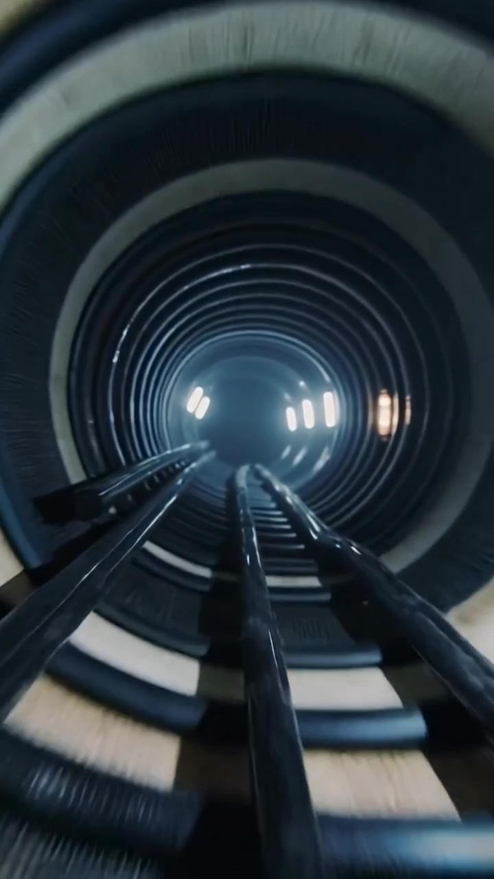 Vertical video: Initiating camera ascent revealing ringed shaft and ladder rails toward bright exit