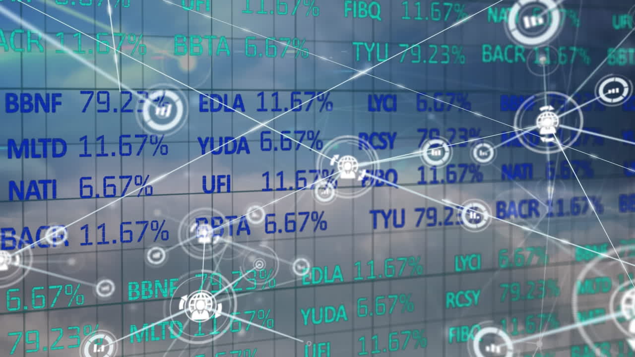 주식 시장 티커와 라인과 루프 클라우드 스케이프를 연결하는 디지털 컴퓨터 아이콘의 애니메이션