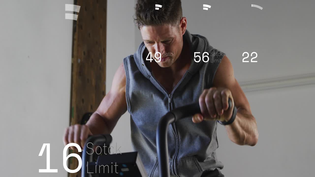 Rider leaning and gripping handles, pedaling hard for fitness while HUD overlay rising then falling