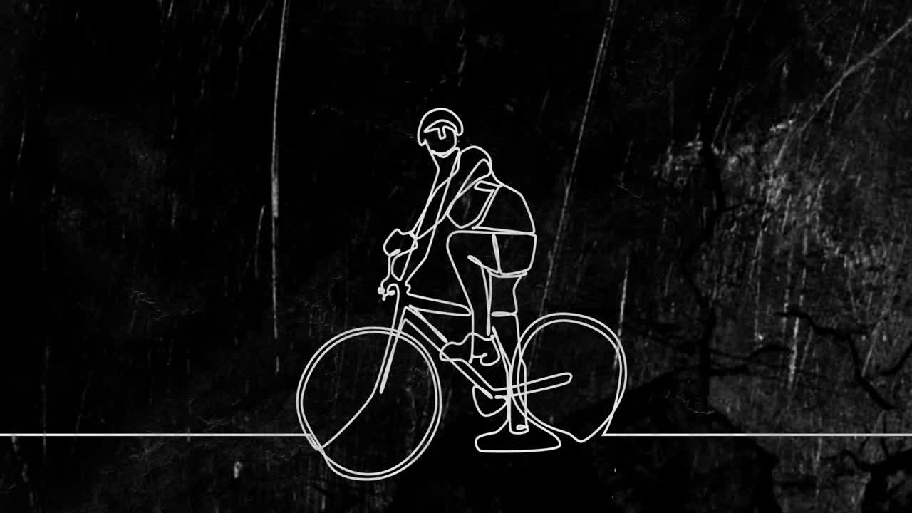 Animation of drawing of woman riding bicycle on black background