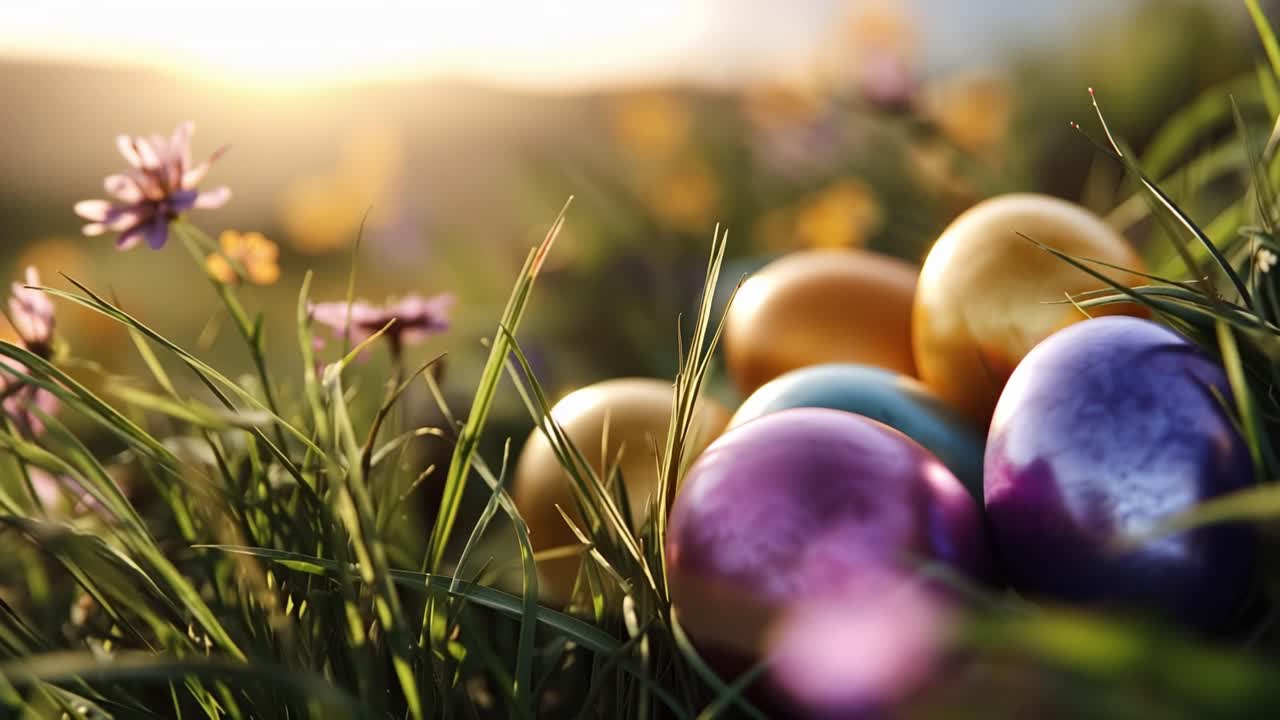 Sunlight glows over a meadow with vibrant Easter eggs. Colorful eggs lie nestled in green grass, softly blurred. Wildflowers peek through grass around the eggs. Warm light bathes the scene