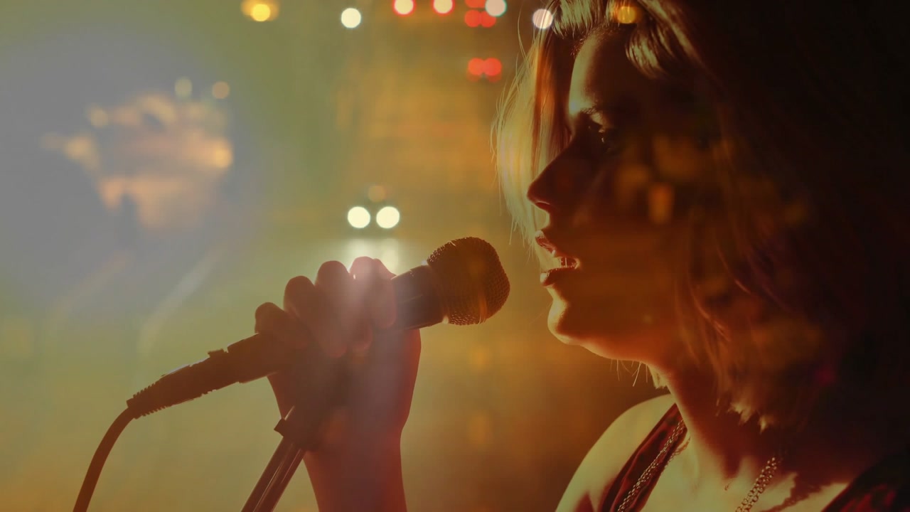 Camera pulling back showing woman singer holding mic inhaling singing song as street bokeh blending