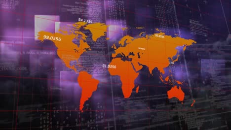 Animation-of-world-map-and-data-processing-over-purple-square-shapes-against-black-background