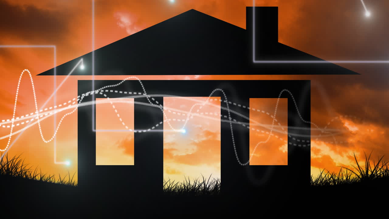 animación del procesamiento de datos sobre la casa y el paisaje