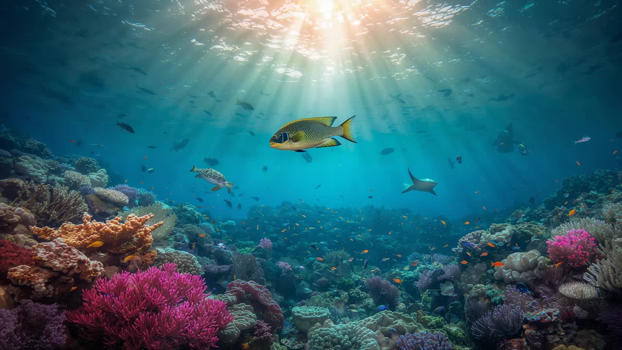 Sunlight piercing water, yellow fish entering left and swimming across coral reef, rising bubbles