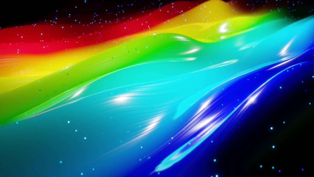 superficie 3d abstracta con hermosas olas, chispas luminosas y gradiente de colores brillantes, colores del arco iris. las olas corren en una superficie muy brillante y brillante con brillo brillante. animación en bucle 4k