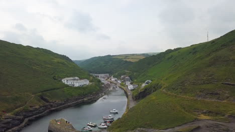 Tintagel-historic-village-on-Cornwall-coastline,-England,-aerial-view