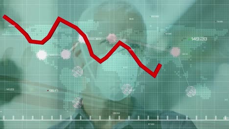 animation of statistics and data processing with red line over man wearing face mask