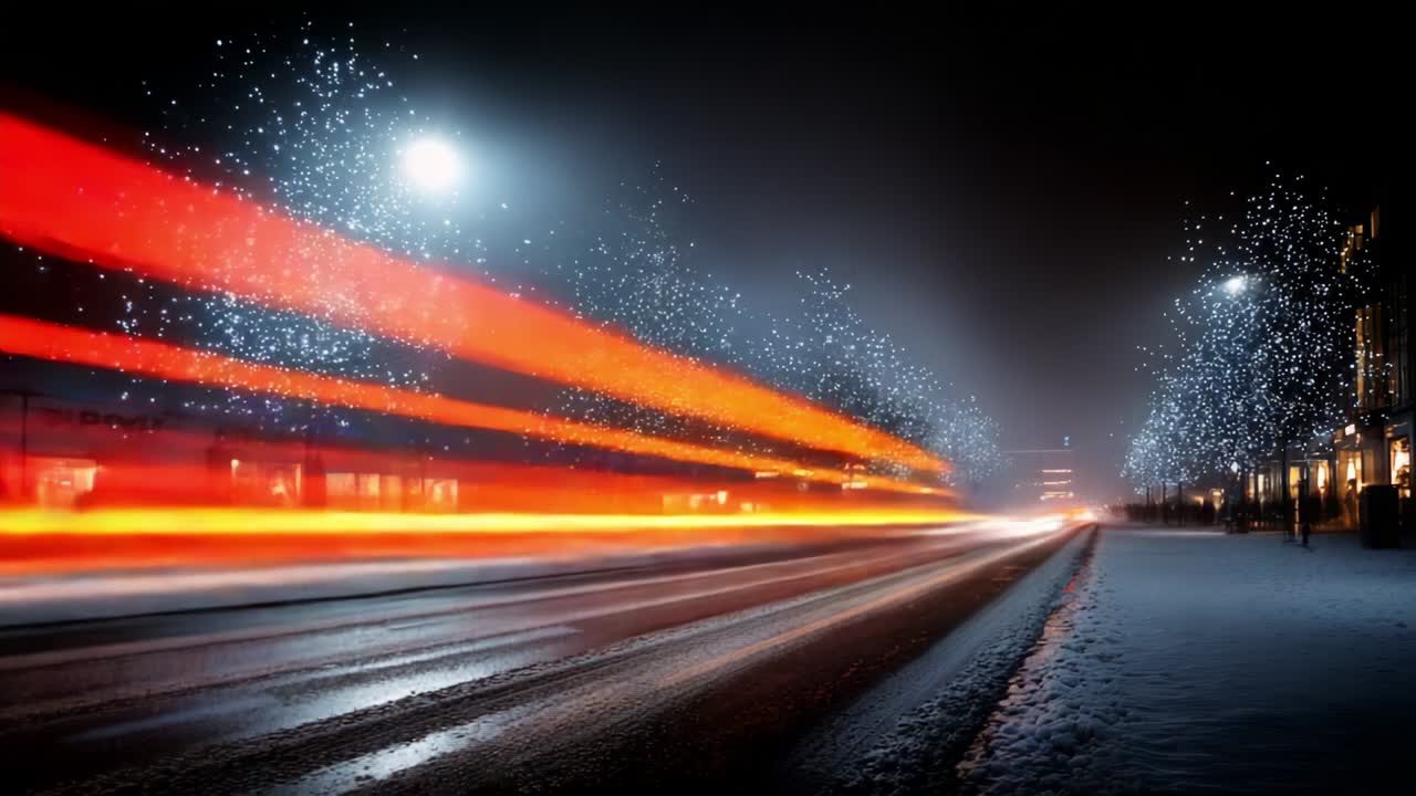 A Serene Winter Night Scene Captured in Two Frames: Glowing Christmas Lights and Streaks of Colorful Car Lights Highlighting the Beauty of a Snow-Covered Street Amidst Festive Decorations