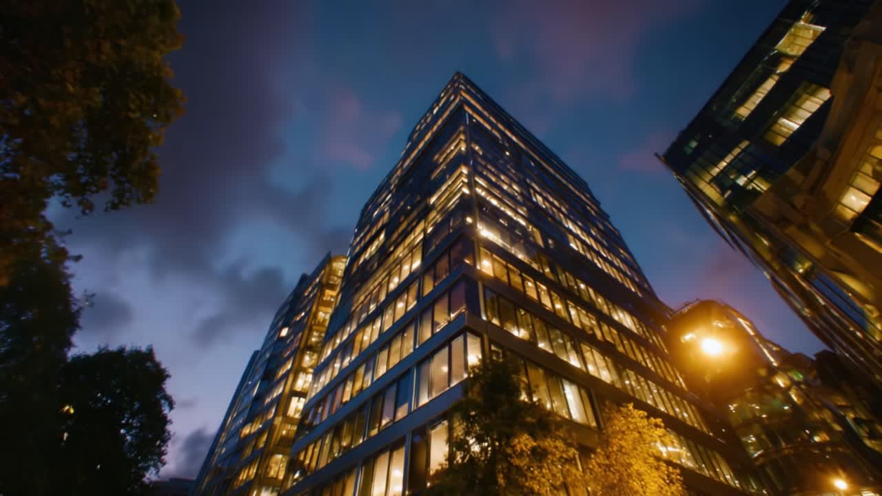 Paisagem urbana dinâmica ao anoitecer, mostrando a transição da arquitetura moderna de vidro iluminada em contraste com o céu escurecendo, nuvens vibrantes e a vida da cidade