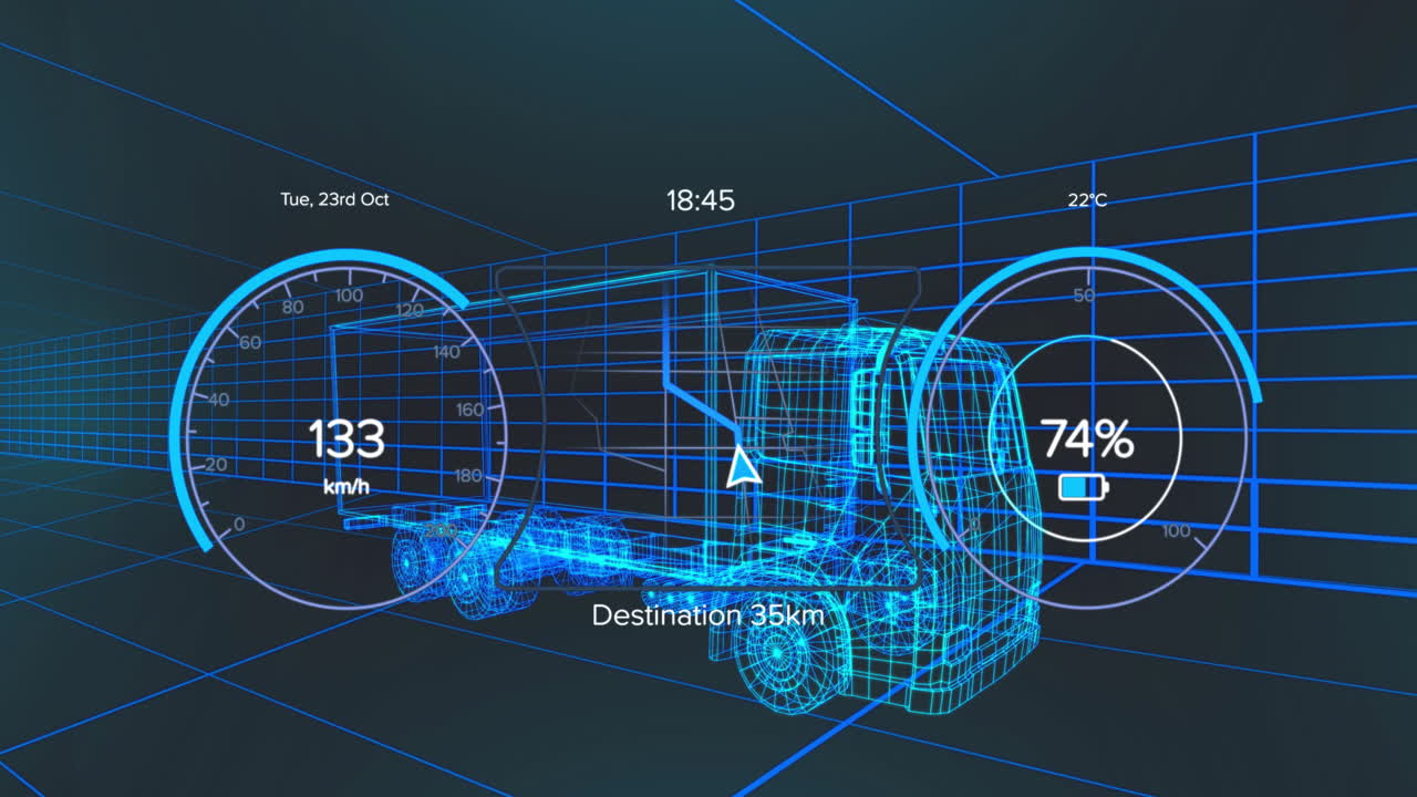 3D wireframe semi?truck model navigating blue grid interface showing speedometer and battery gauges