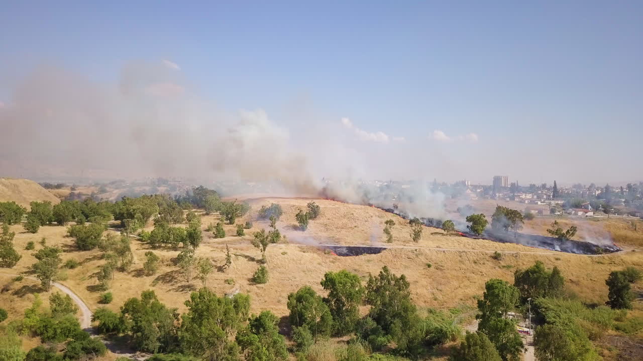 Ripresa aerea di un incendio boschivo nel nord di Israele durante l'estate 2006