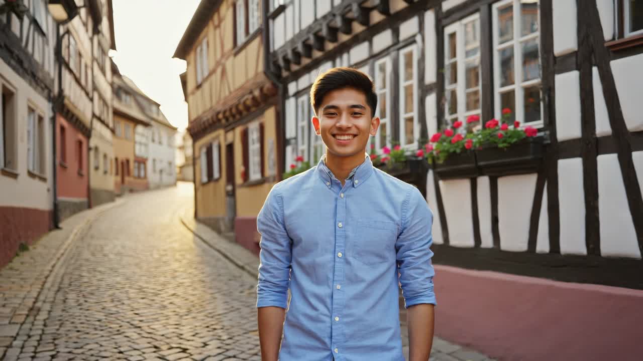 Young asian man smiling in a typical european street with old timbered houses at sunset, he's enjoying his trip in a small town during summer holidays