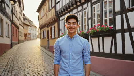 young asian man smiling in a typical european street with old timbered houses at sunset, he's enjoying his trip in a small town during summer holidays