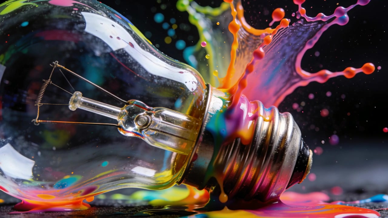 Clear glass light bulb ejecting colorful paint from screw base after splash on dark shiny tabletop