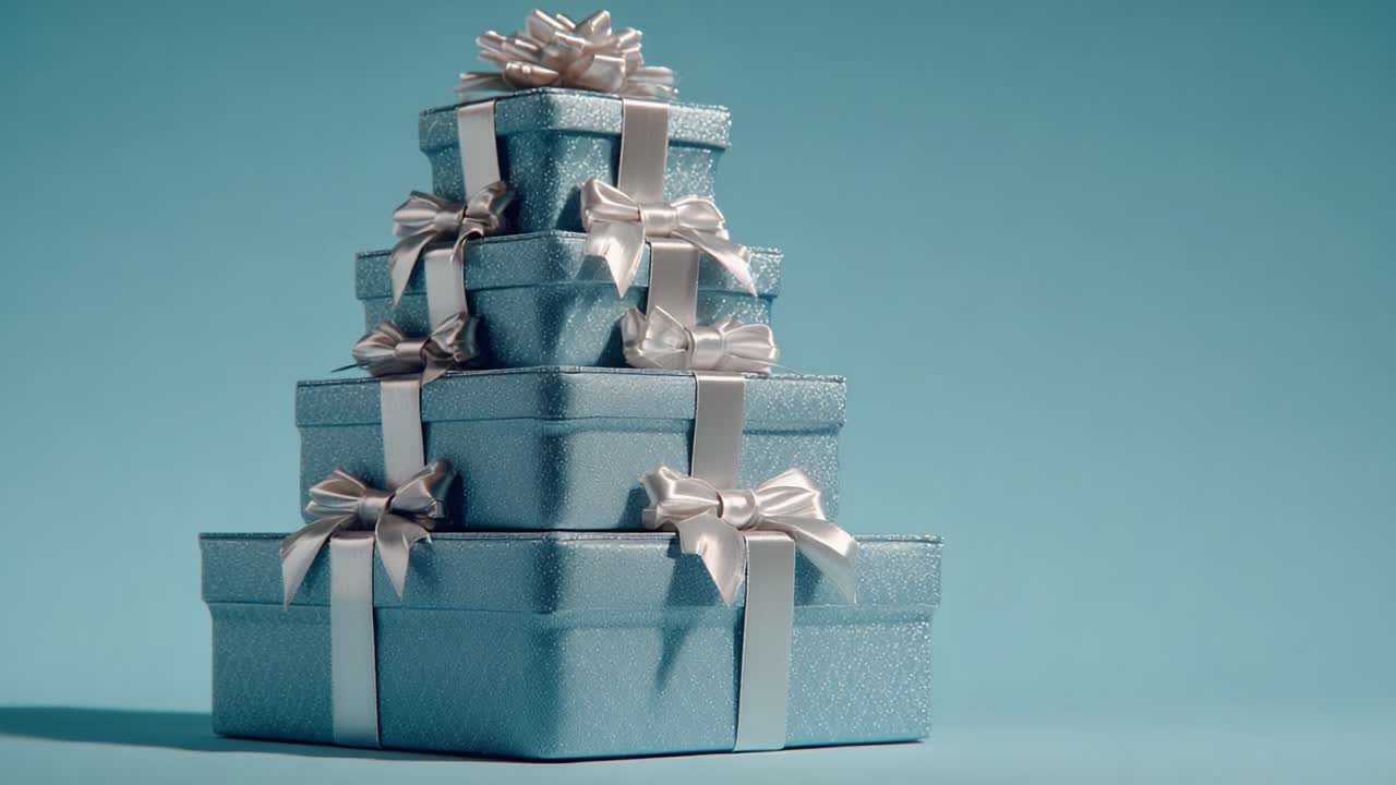 A Stunning Display of Elegant Blue Gift Boxes Piled Together with Silver Ribbons, Perfect for Celebrations, Birthdays, or Special Occasions, Radiating a Festive Atmosphere