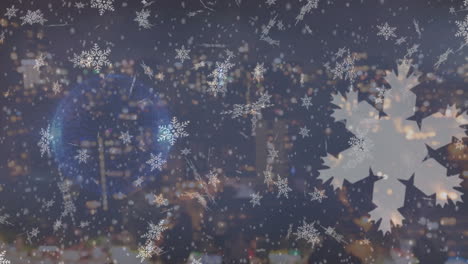 animation of snowflakes icons falling over blue hanging bauble against blue background