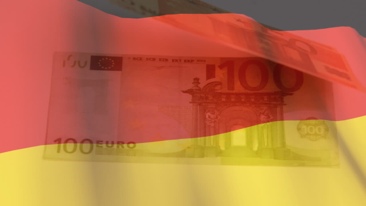 Animazione di banconote in euro che fluttuano su una bandiera tedesca che sventola.
