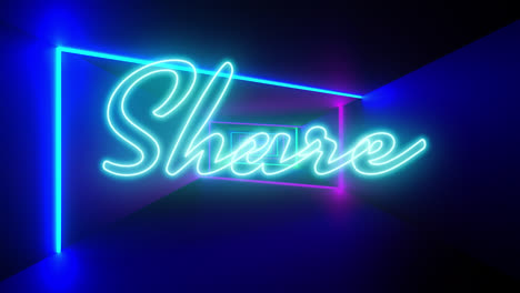 animation of share text in blue neon with colourful neon light beams moving on black background