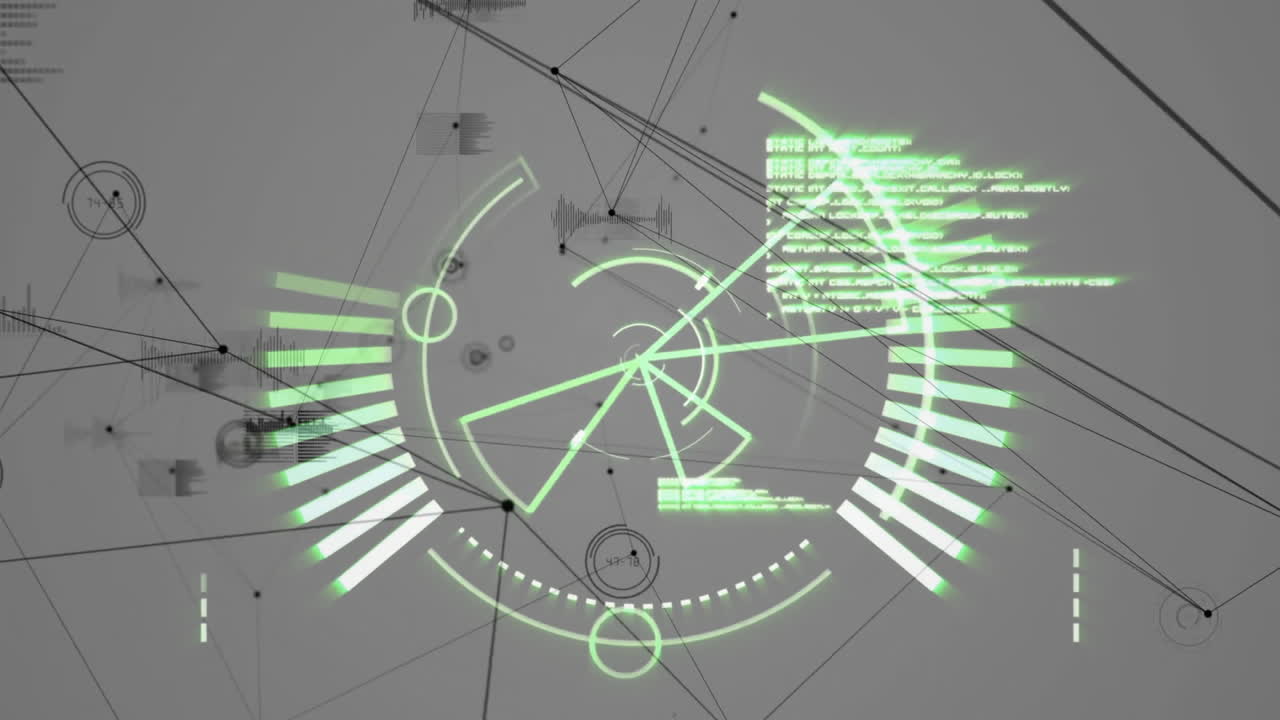 Central circular HUD interface spinning in flat design, showing glowing green arcs and bar charts