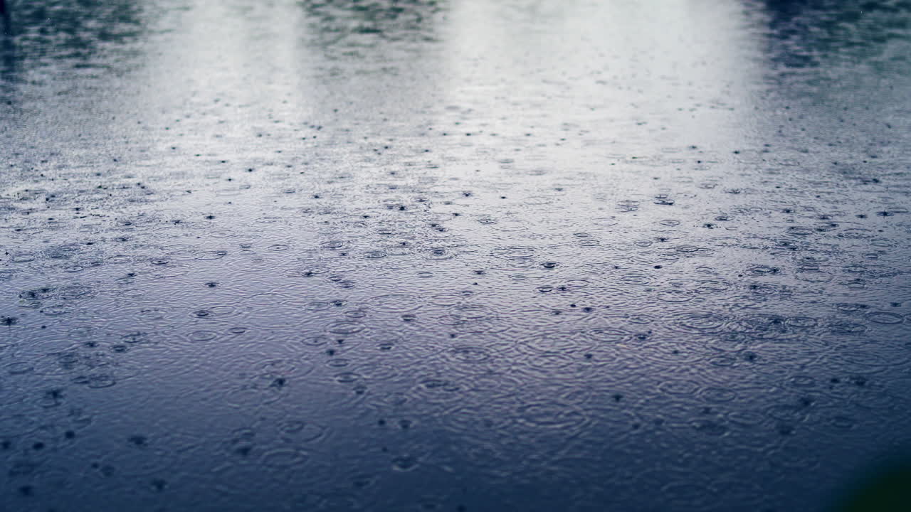 Rain drops fall on water surface of pond, lake or river