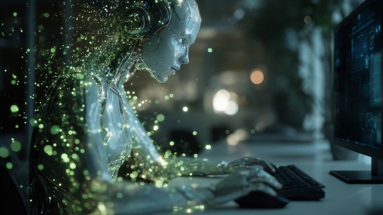 A futuristic humanoid robot engaged in complex tasks at a computer, showcasing advanced technology and artificial intelligence, blending digital and physical realms with radiant energy