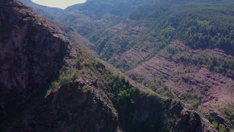 Wunderschöne-Luftaufnahmen-Der-Berge,-Eines-Kleinen-Flusses-Und-Der-Schlucht