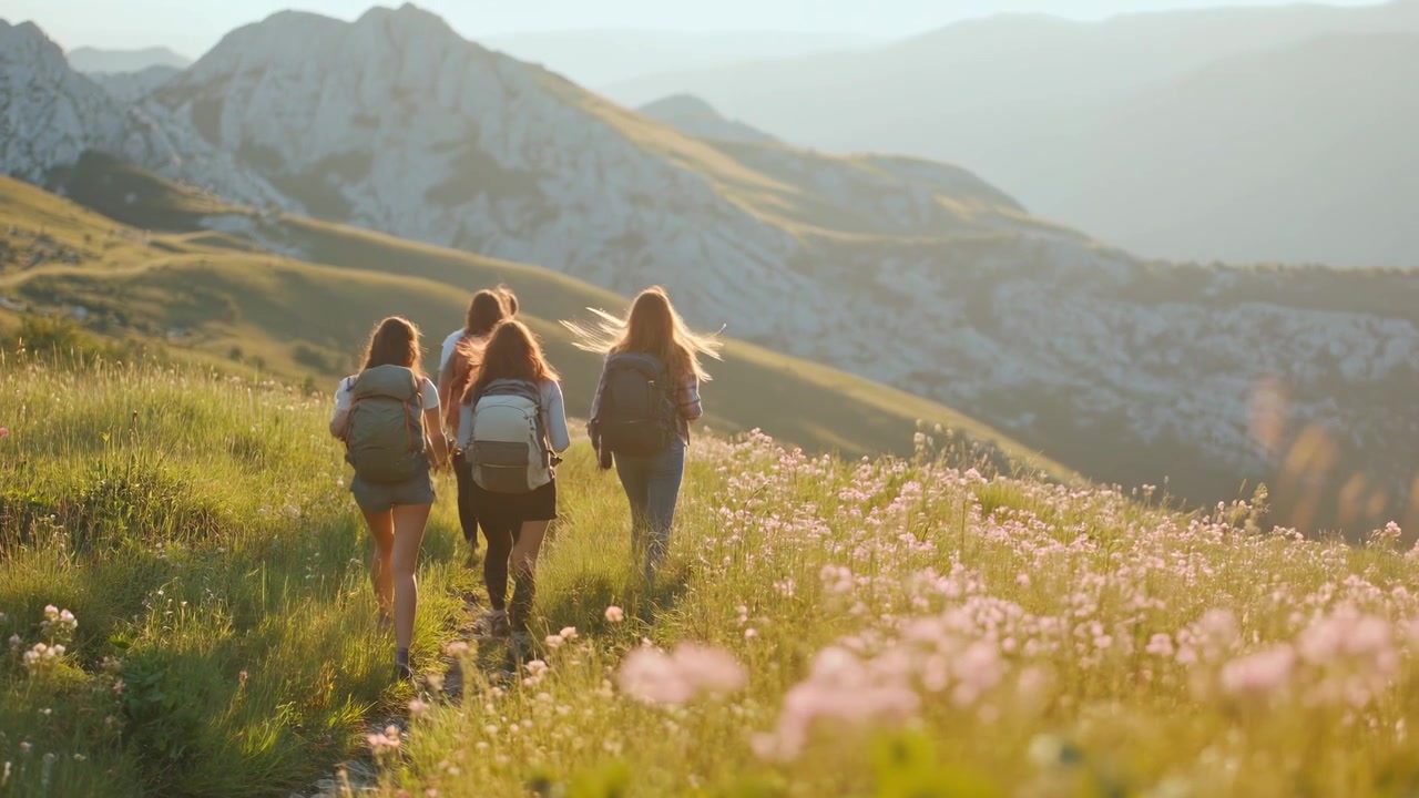 Freundesgruppe wandert durch eine Bergwiese zur goldenen Stunde