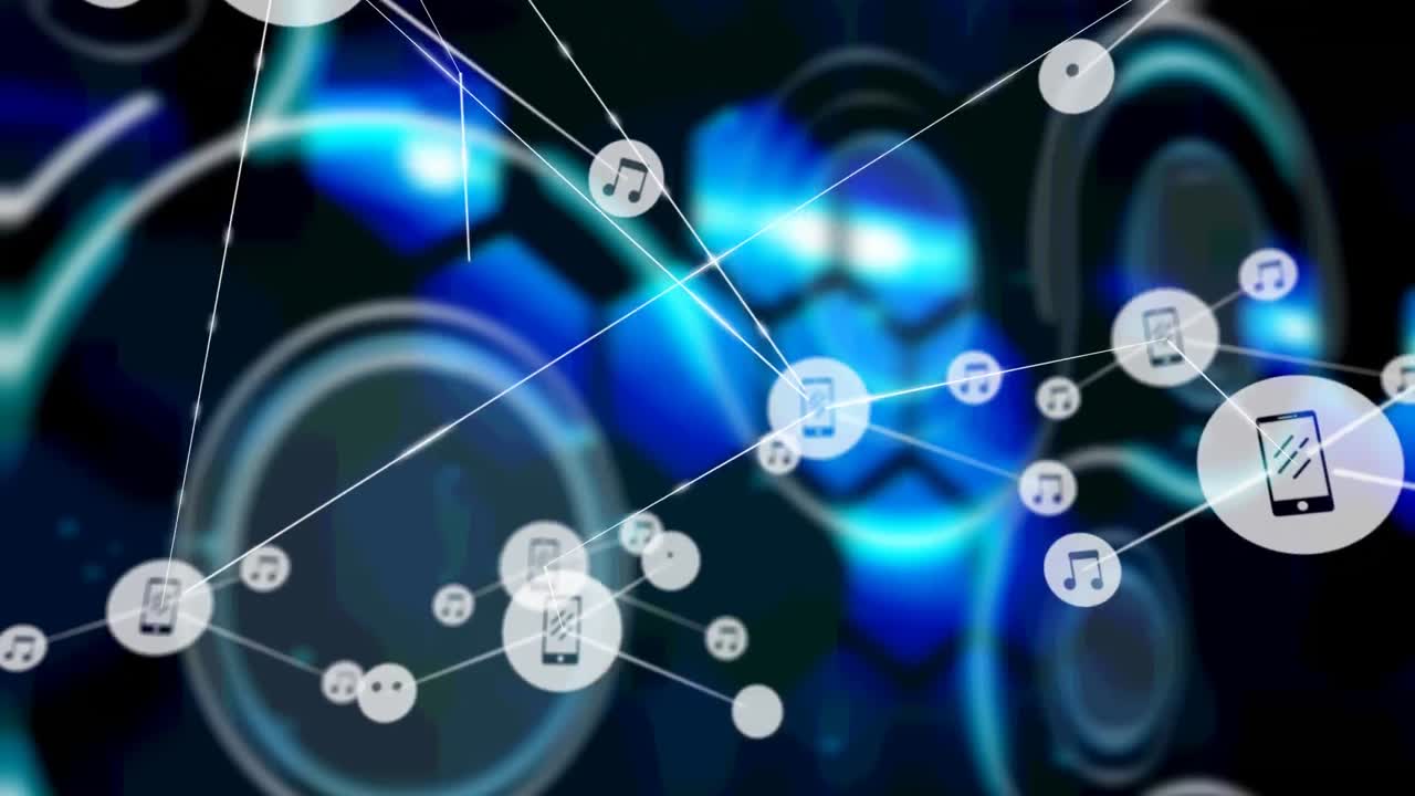 검은색 배경의 파란색 모양 위에 아이콘으로 연결 네트워크의 애니메이션