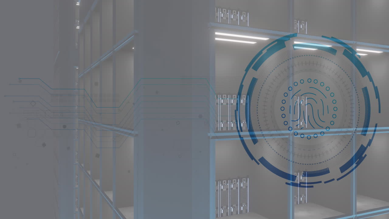 animación del icono de huella dactilar en círculo sobre sistemas de servidor de datos en movimiento en la habitación