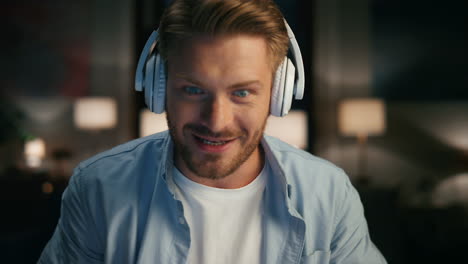active man chatting computer closeup. streamer talking at live broadcast online