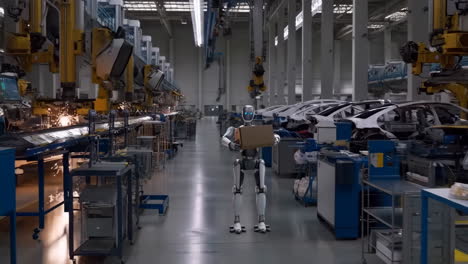 a robot carrying a box in a vehicle assembly factory
